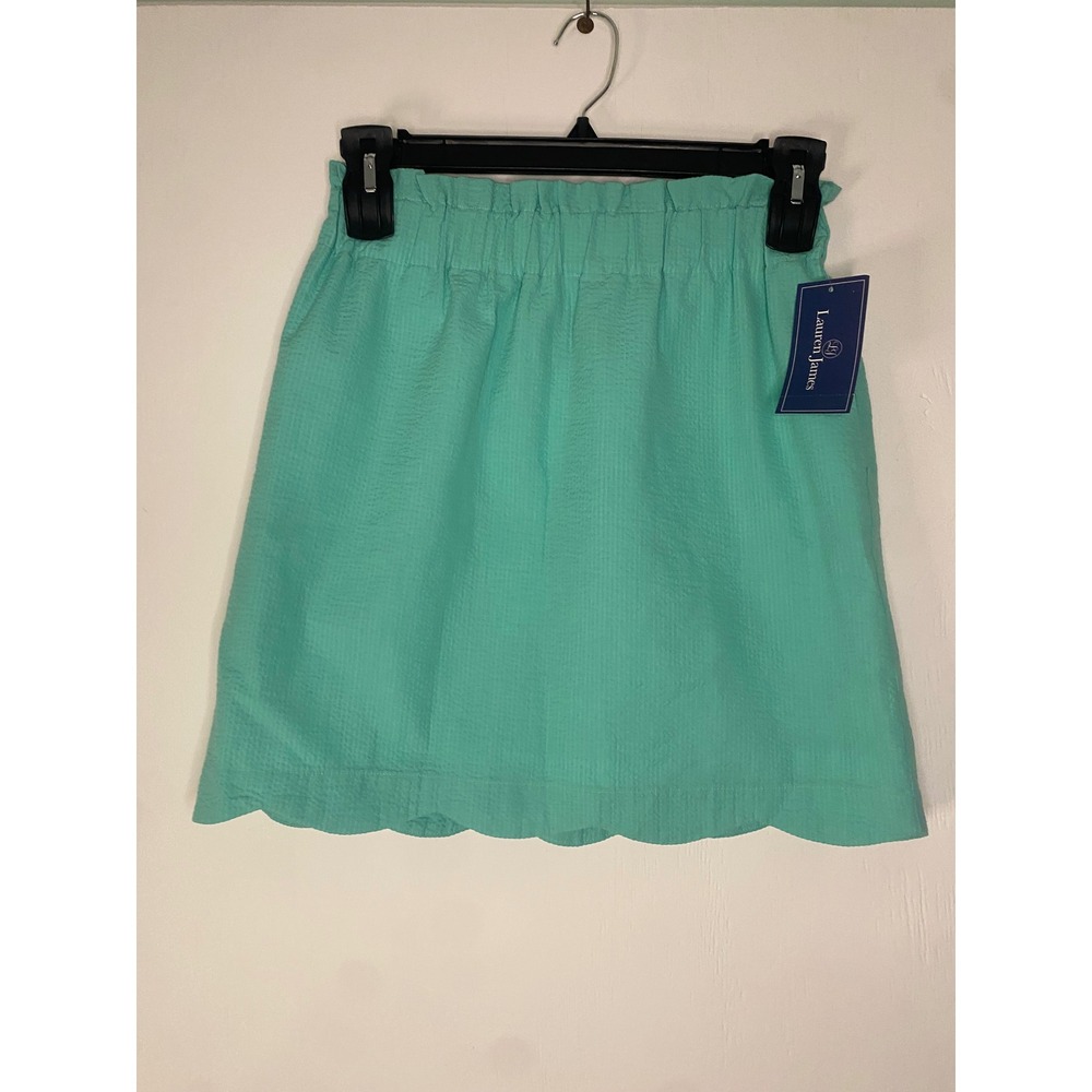 NEW Lauren James Scallop Solid Skirt Seafoam Green Seersucker Mini Pockets Med